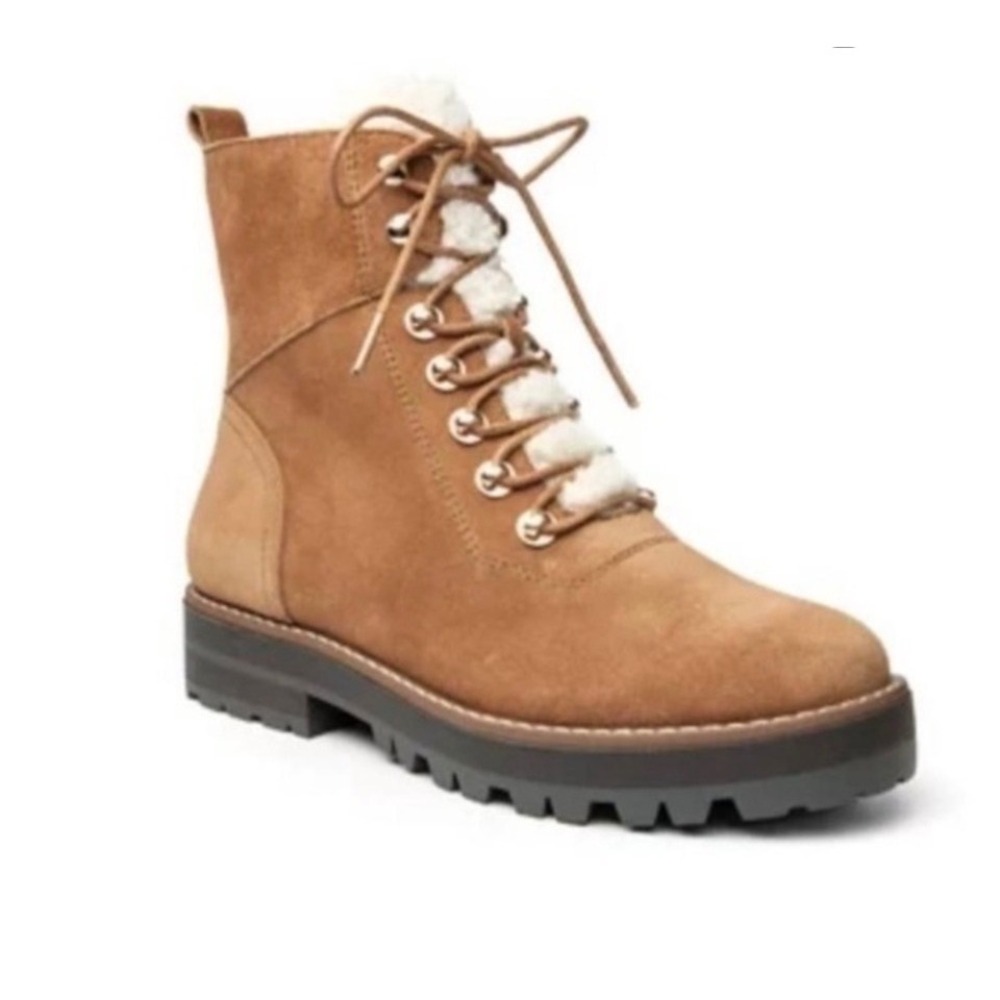 Crown and Ivy Naomi Suede Fur Lined Boots Women 8 Tan Lace Up Combat Outdoors